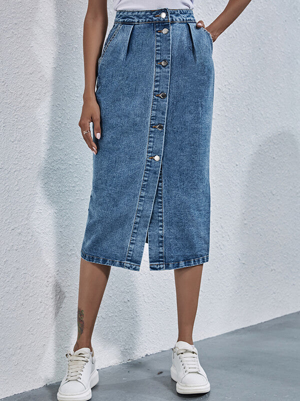 Kiara Long denim skirt with buttons - Elena Harper