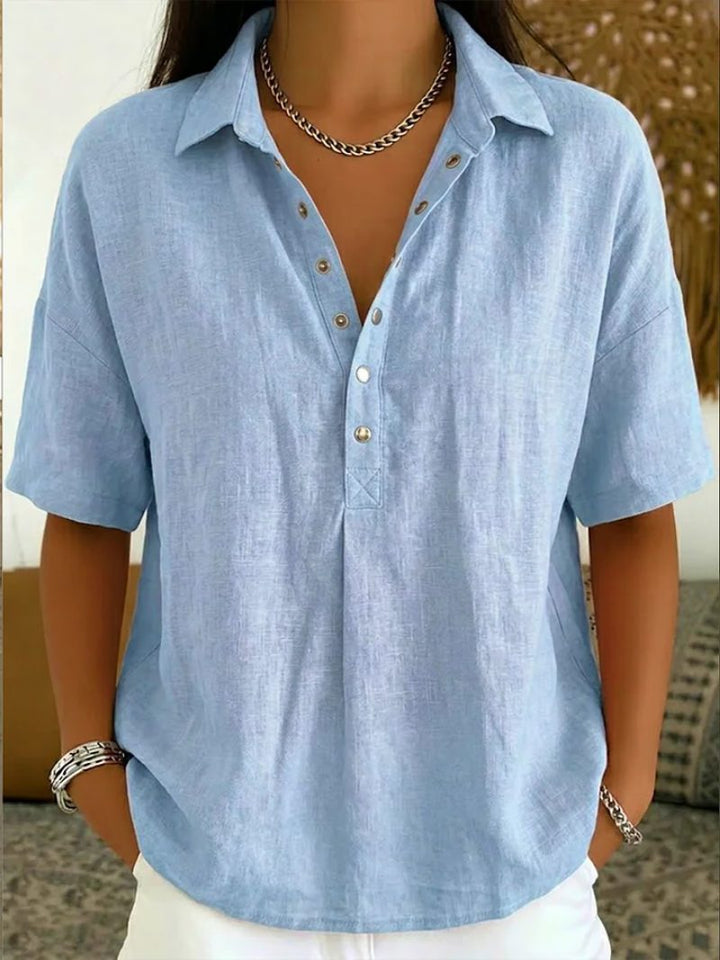 Denim Blouse with V-Neck and Button Closure for Women