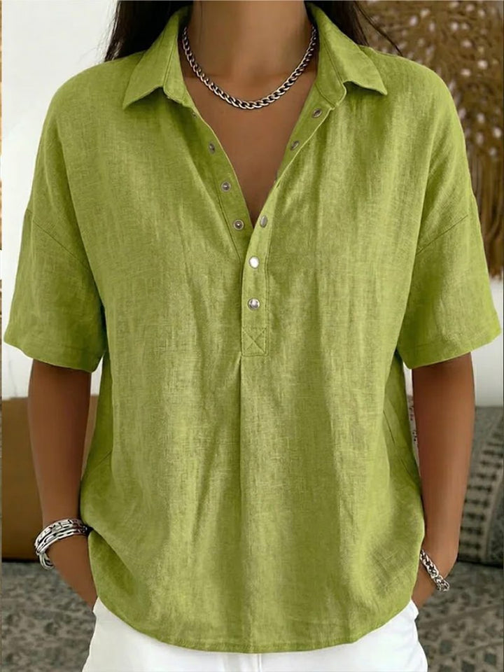 Denim Blouse with V-Neck and Button Closure for Women