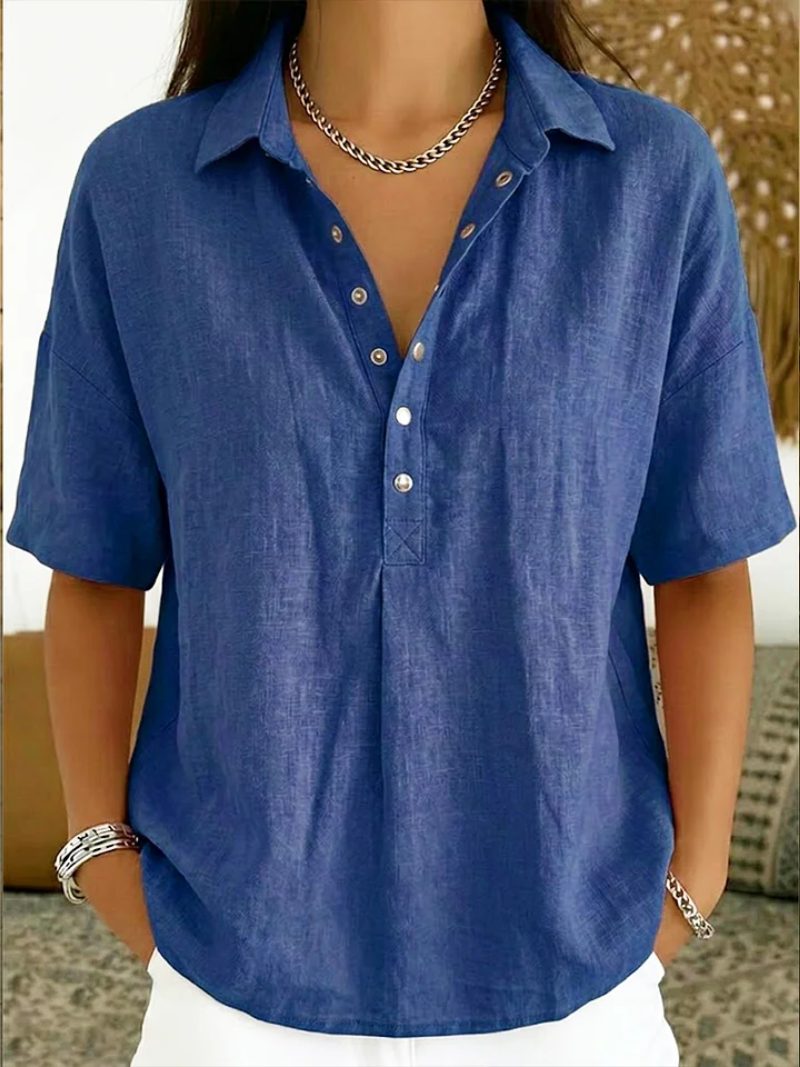 Denim Blouse with V-Neck and Button Closure for Women