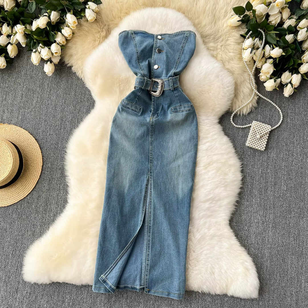 Women's Denim Strapless Dress with Western Style Belt – Dakota