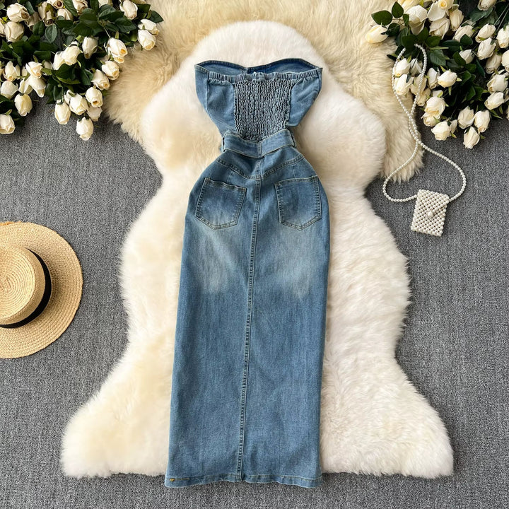 Women's Denim Strapless Dress with Western Style Belt – Dakota