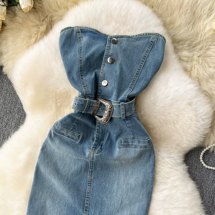 Women's Denim Strapless Dress with Western Style Belt – Dakota