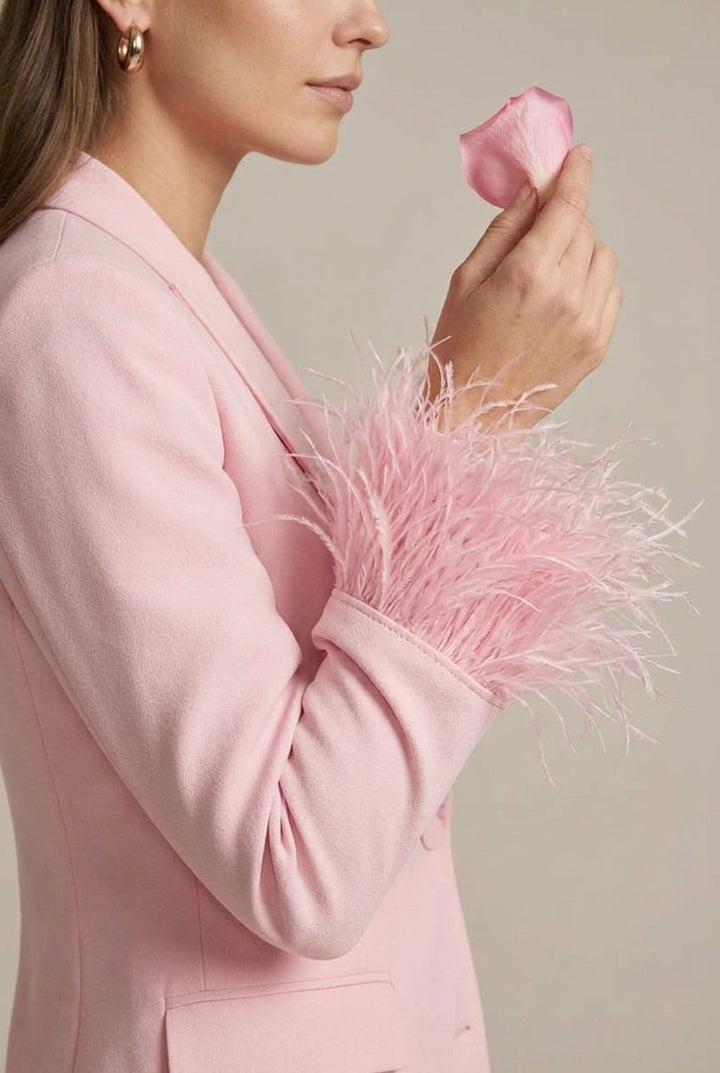 Women's Feather Cuff Blazer & Straight Leg Trousers Set