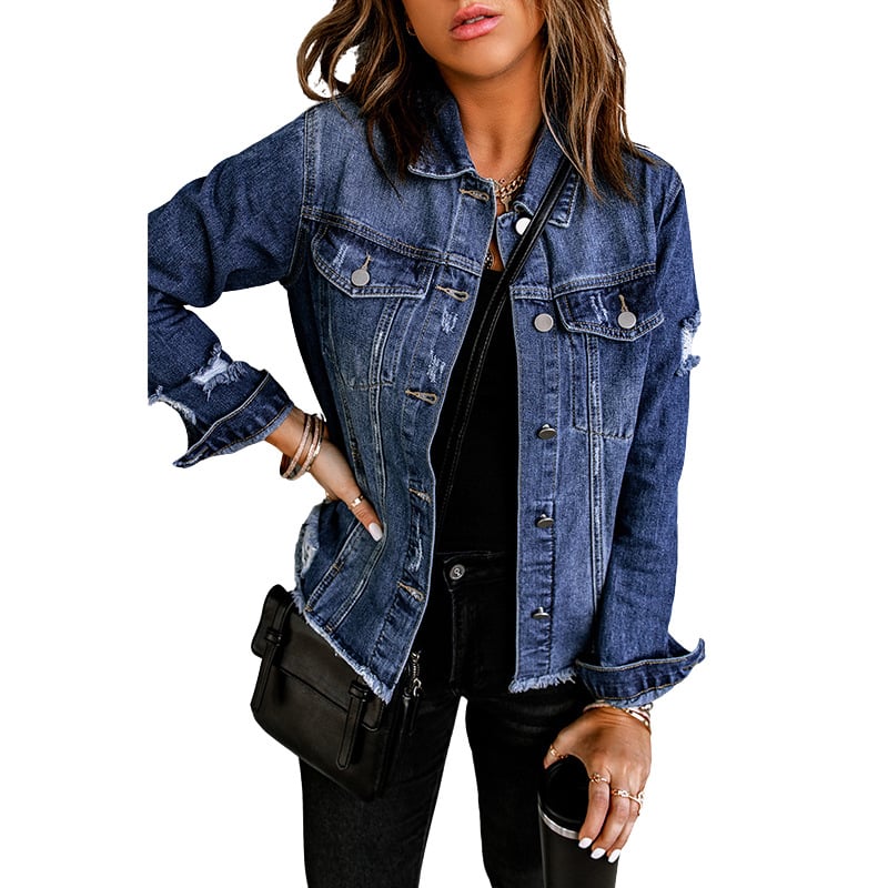 Women's Autumn Denim Jacket with Button Closure and Long Sleeves