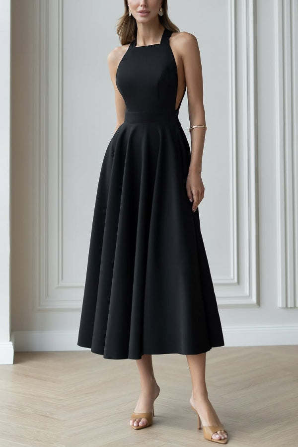Solid Color Halter Neck Bow Tie Elegant Waist-cinching Midi Dress