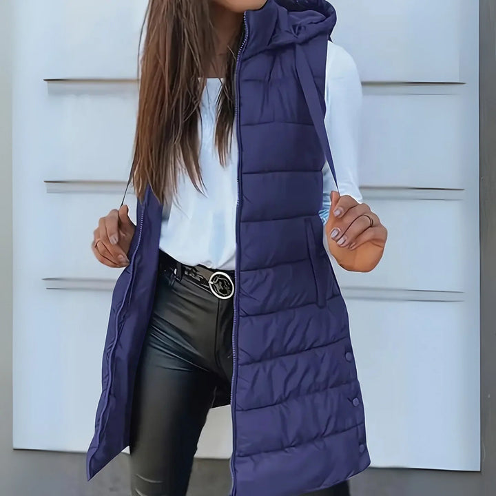Eirwen Hooded Long Puffer Vest with Lightweight Build for Women - Elena Harper