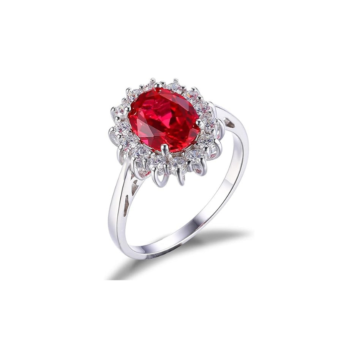 Elegant white gold ring with ruby halo, view 2 - Elena Harper