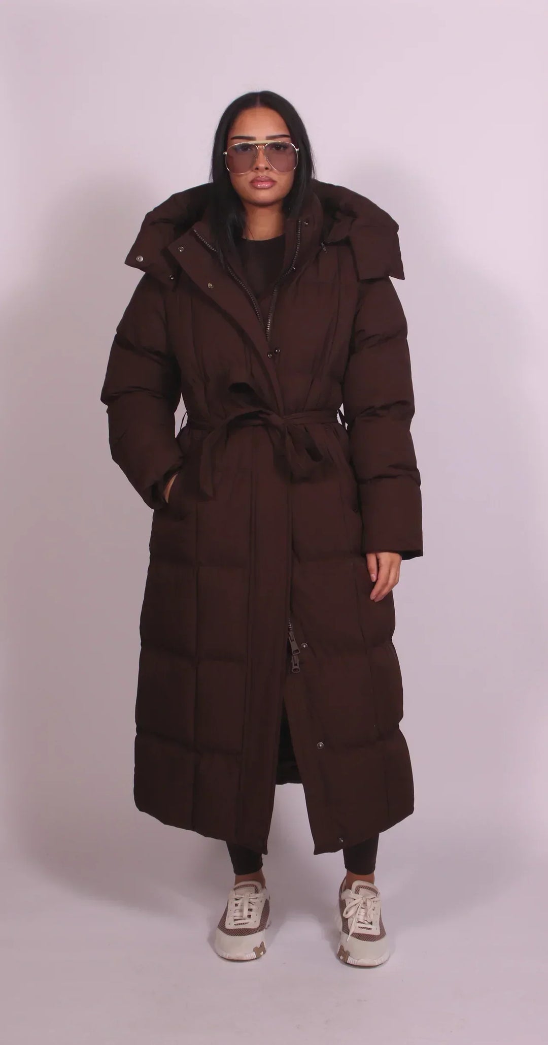 Long Hooded Belted Women's Puffer Coat