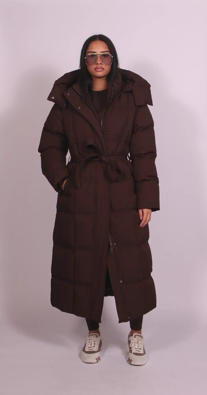 Long Hooded Belted Women's Puffer Coat