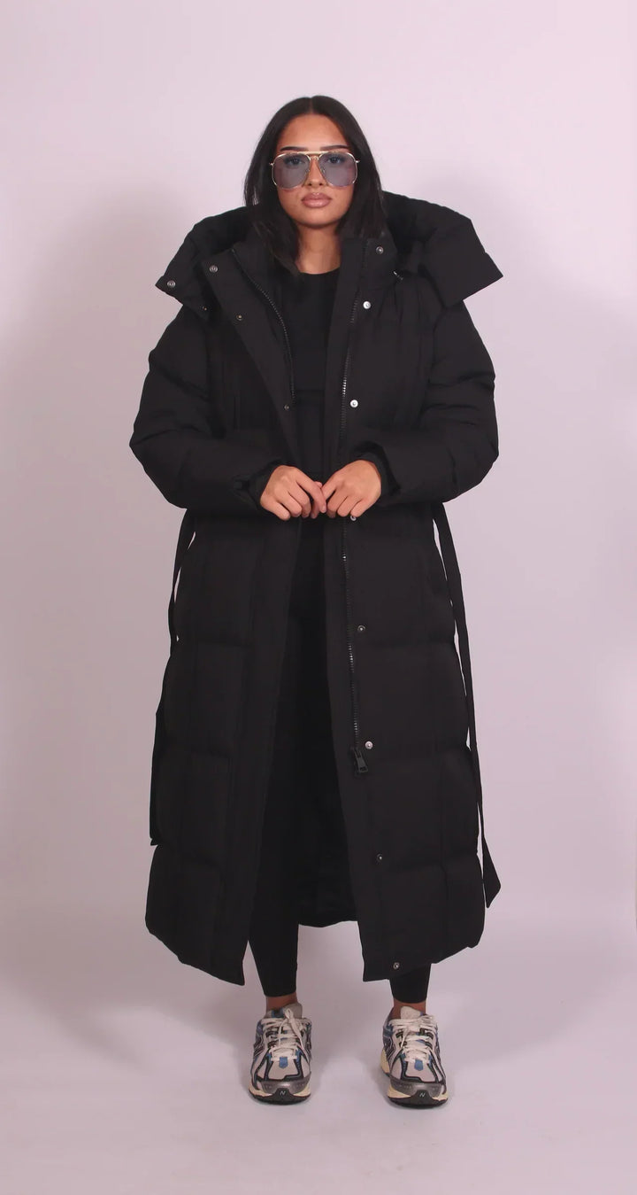 Long Hooded Belted Women's Puffer Coat