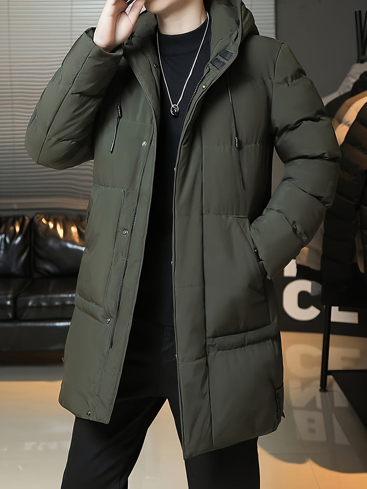 Men's Long Down Jacket with Hood and Drawstring