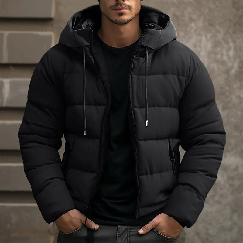 Men's Quilted Hooded Puffer Jacket with Zippered Pockets