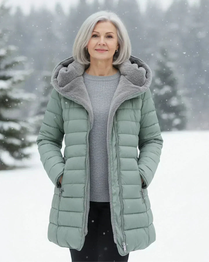 Long Women's Hooded Padded Coat with Flared Cut