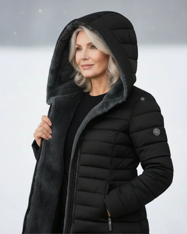 Long Women's Hooded Padded Coat with Flared Cut