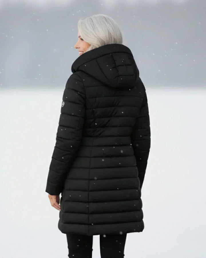 Long Women's Hooded Padded Coat with Flared Cut