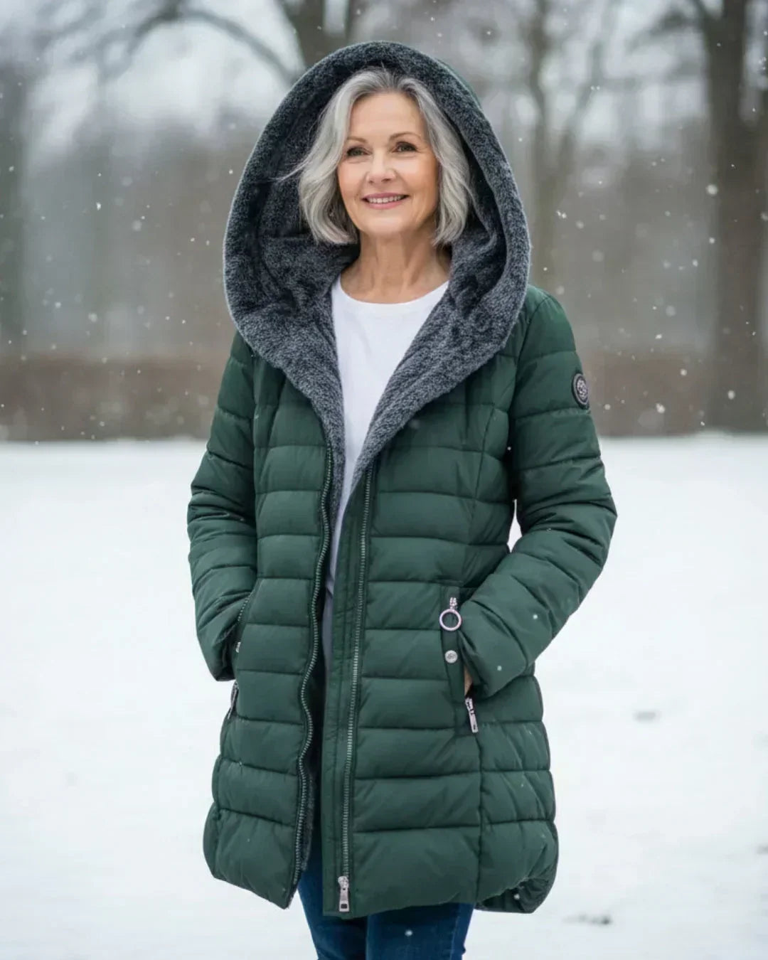 Long Women's Hooded Padded Coat with Flared Cut