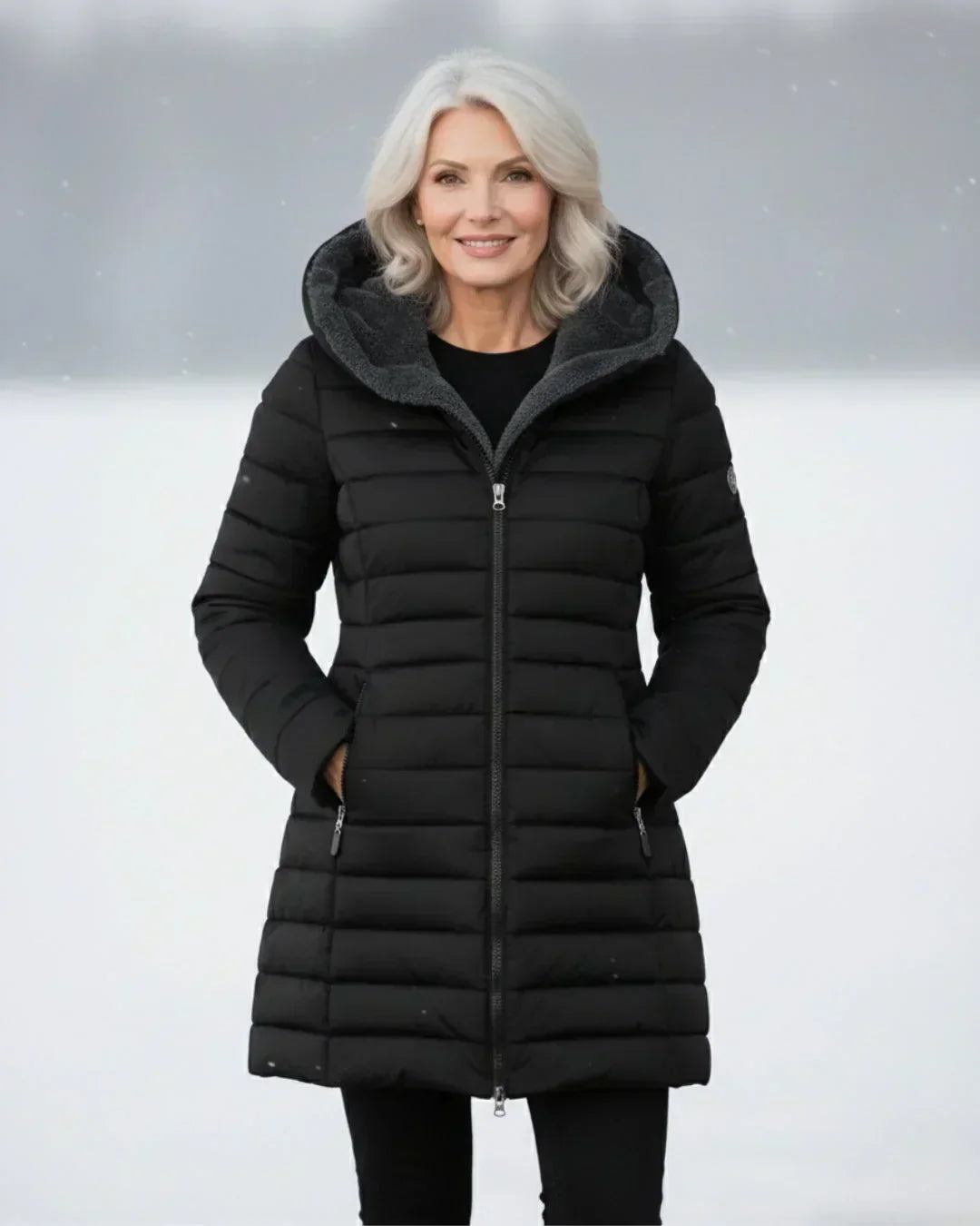 Long Women's Hooded Padded Coat with Flared Cut