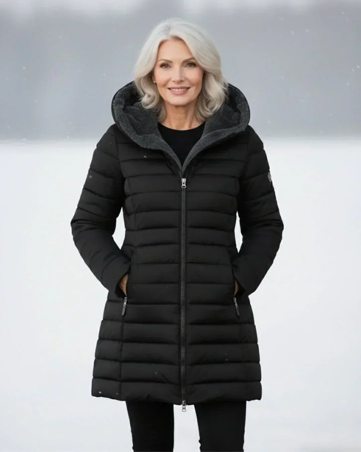 Long Women's Hooded Padded Coat with Flared Cut