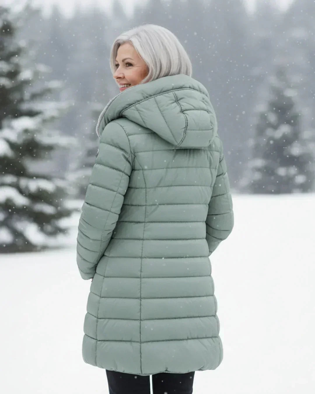 Long Women's Hooded Padded Coat with Flared Cut
