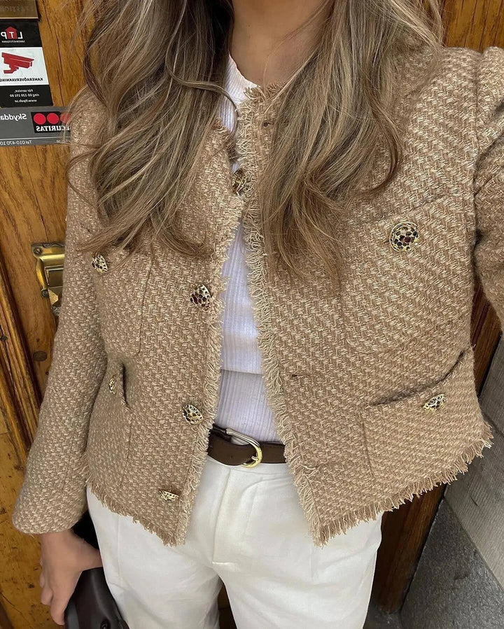 Women's Textured Blazer Gold Button Front with Patch Pockets