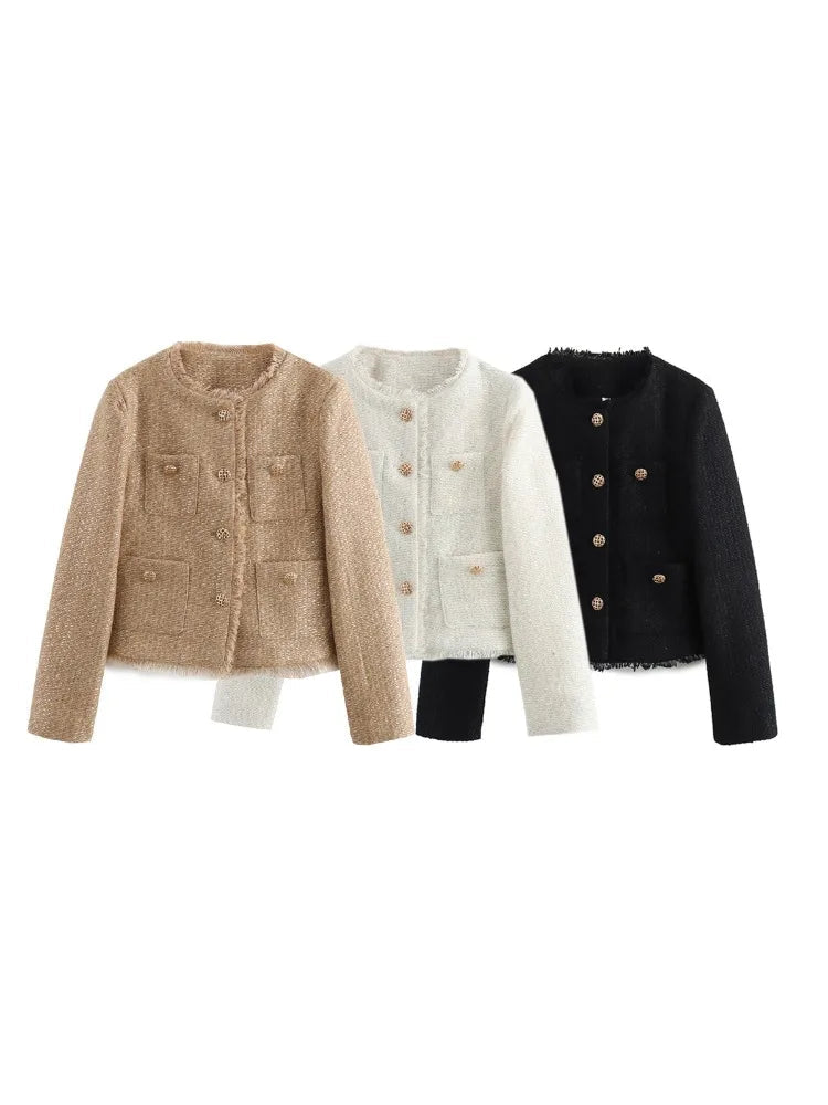 Women's Textured Blazer Gold Button Front with Patch Pockets