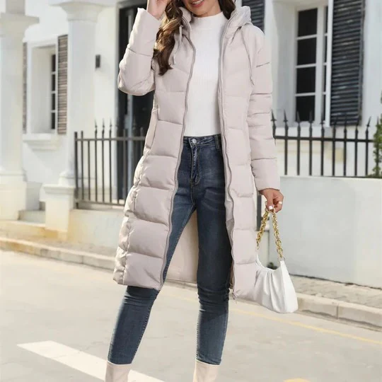 Long Zippered Puffer Jacket for Women – Warm Winter Coat with Hood