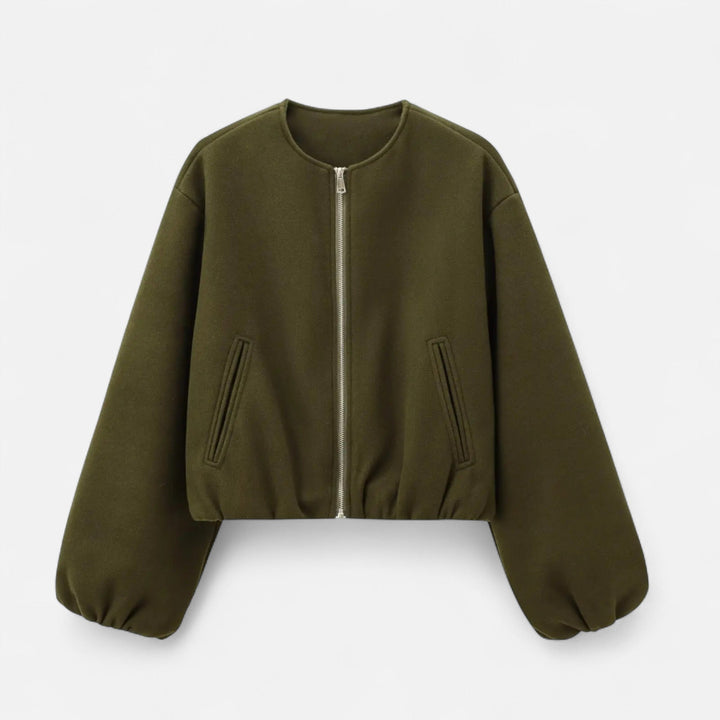 Women's Retro Zip Bomber Jacket – Round Neck, Casual Urban Style