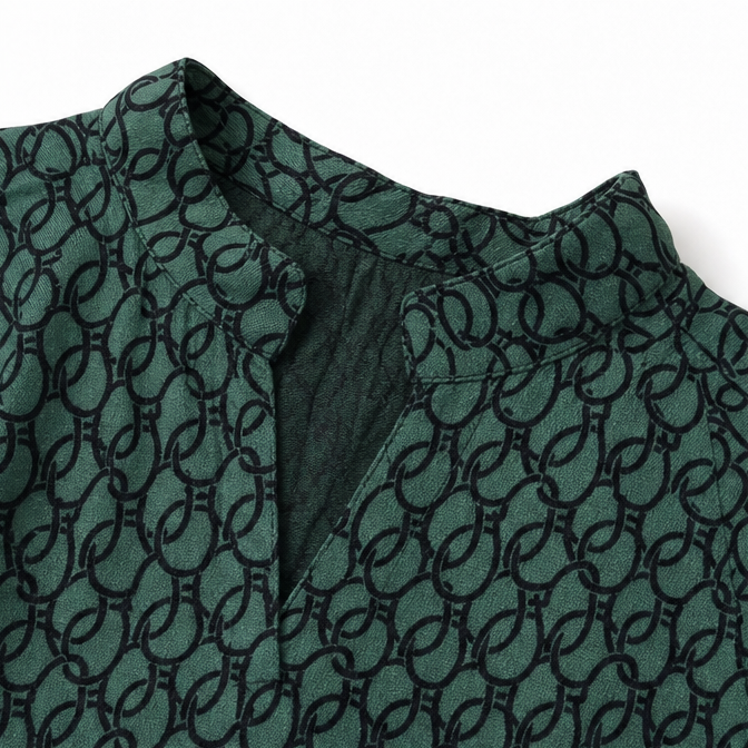 Drapella Geometric Print V-Neck Tunic Blouse with Roll-Tab Sleeves - Elena Harper