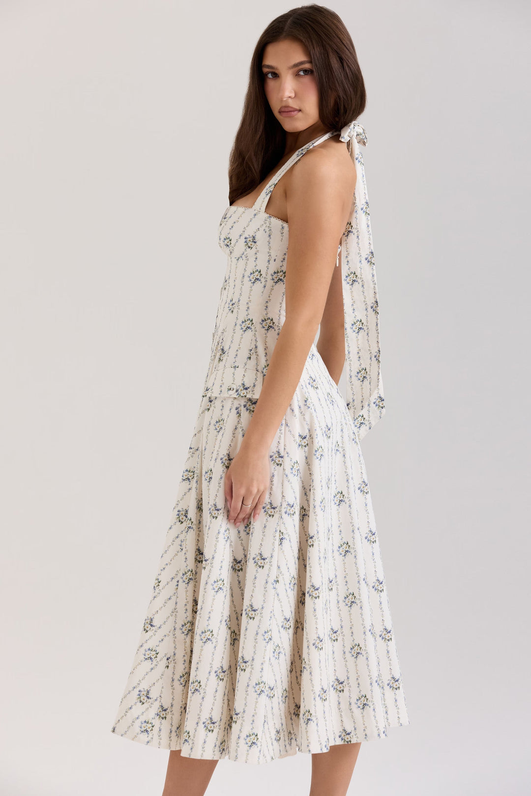 Belle Midi Dress with Daisy Print and Halter Neck - Elena Harper
