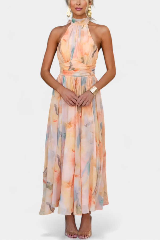 Alaia Dress with Watercolor Print and Halter Neck - Elena Harper