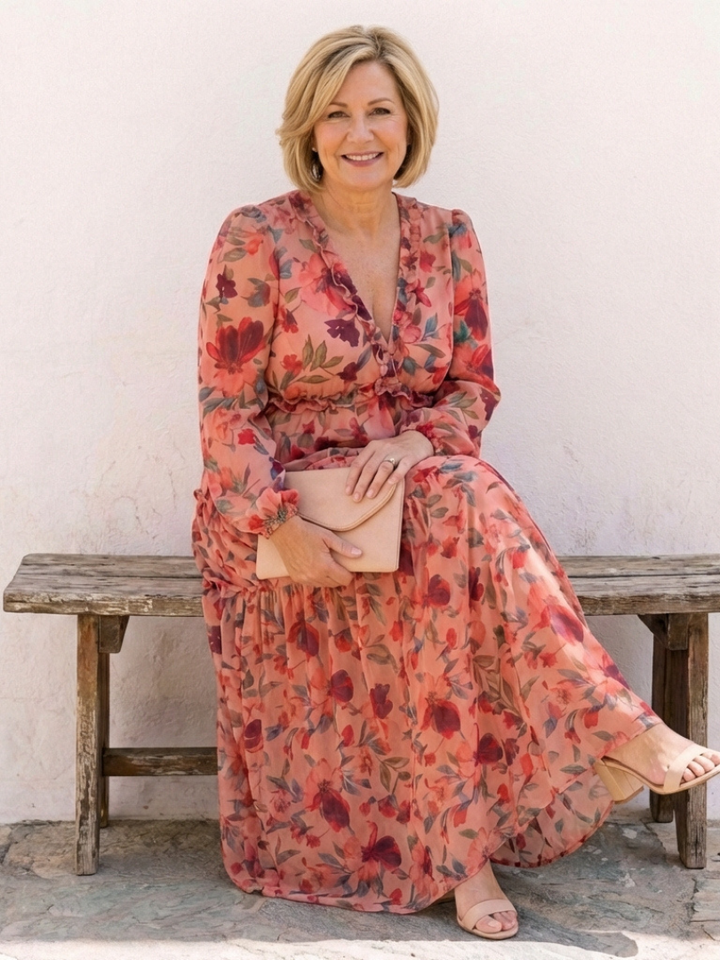 Elena Long Sleeve V Neck Floral Maxi Dress - Elena Harper