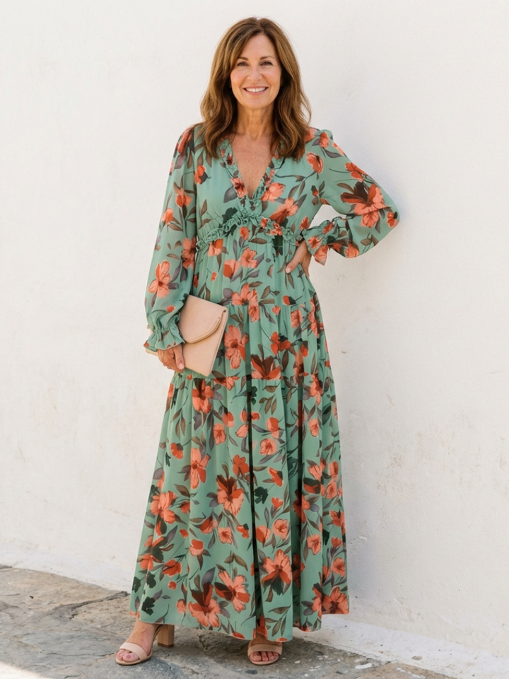 Elena Long Sleeve V Neck Floral Maxi Dress - Elena Harper