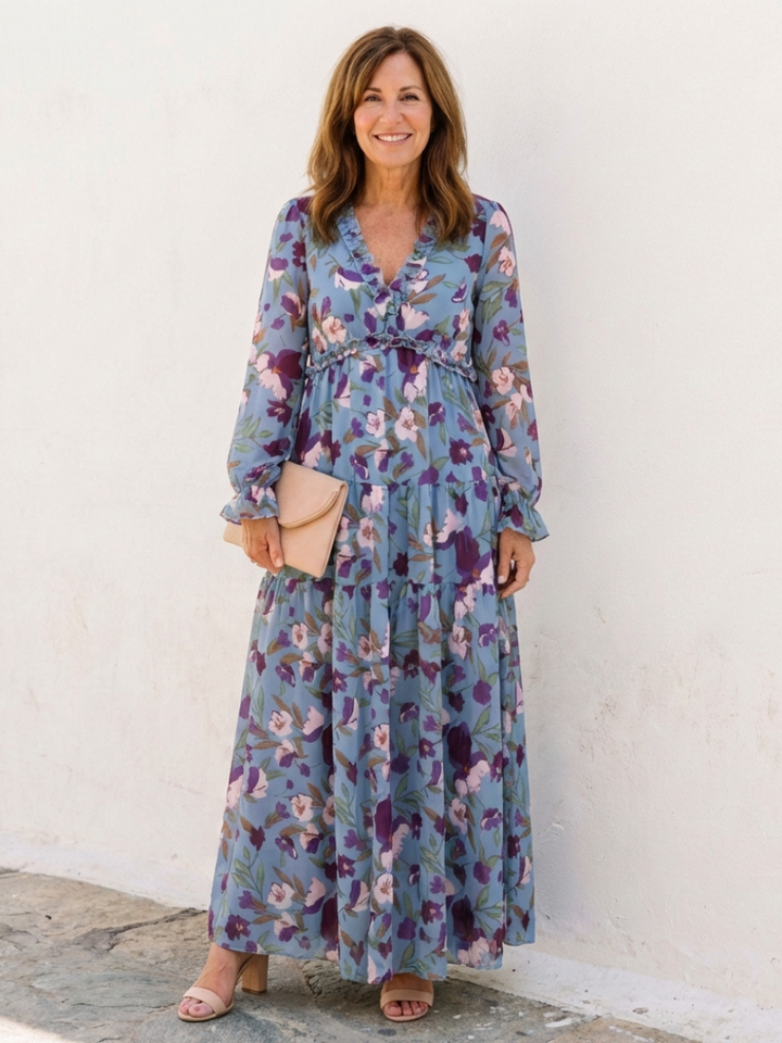 Elena Long Sleeve V Neck Floral Maxi Dress - Elena Harper