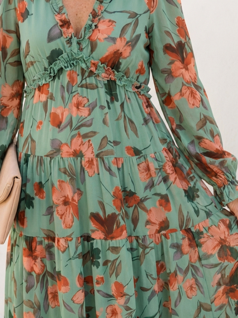 Elena Long Sleeve V Neck Floral Maxi Dress - Elena Harper