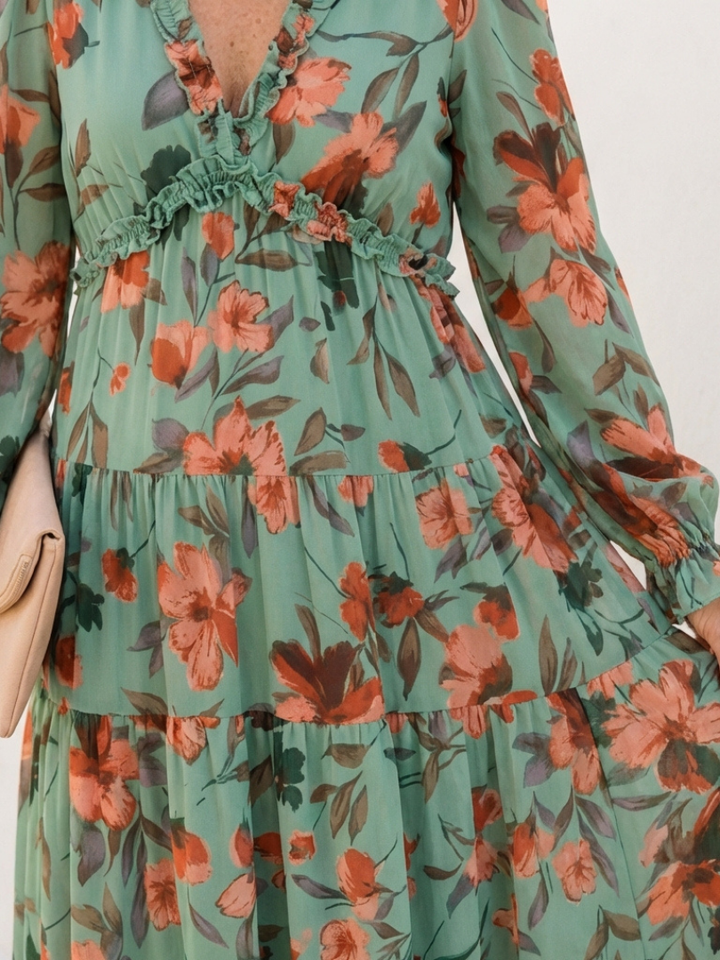 Elena Long Sleeve V Neck Floral Maxi Dress - Elena Harper