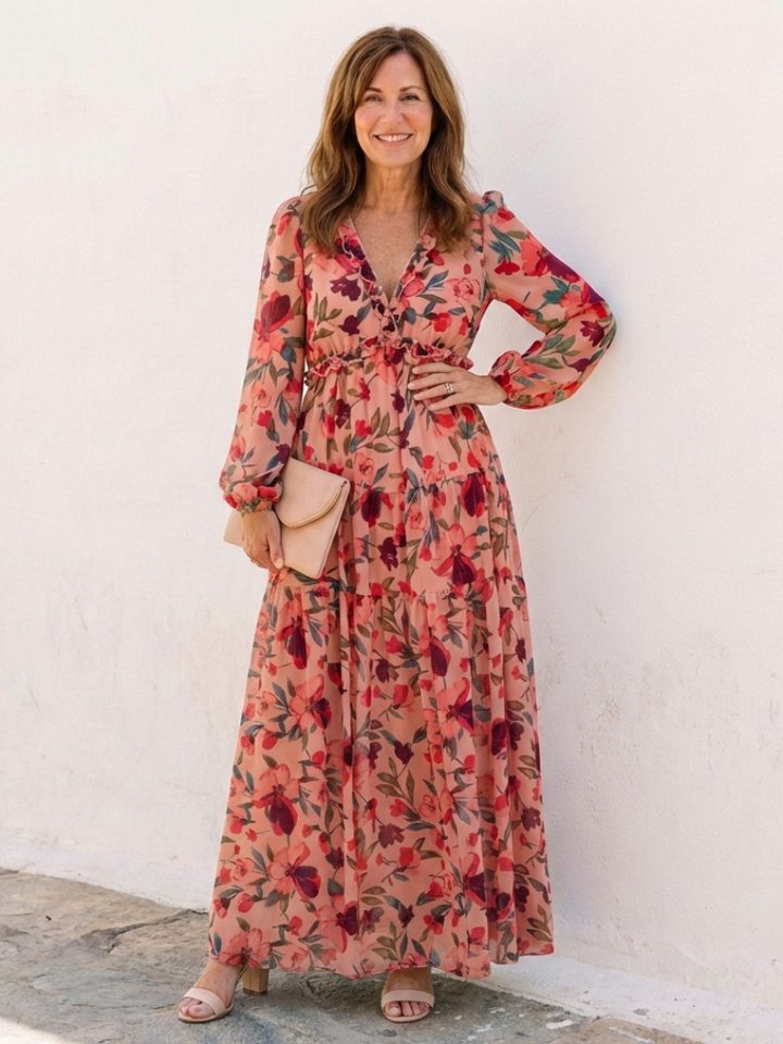 Elena Long Sleeve V Neck Floral Maxi Dress - Elena Harper