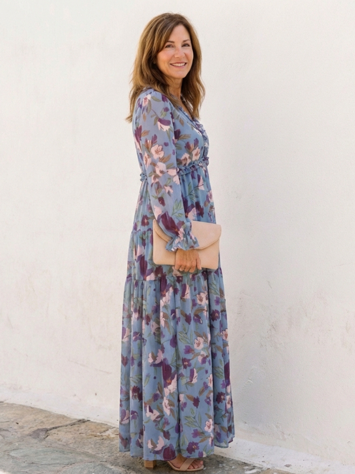 Elena Long Sleeve V Neck Floral Maxi Dress - Elena Harper