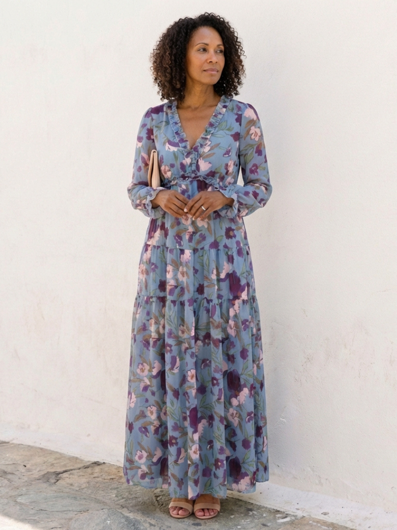 Elena Long Sleeve V Neck Floral Maxi Dress - Elena Harper