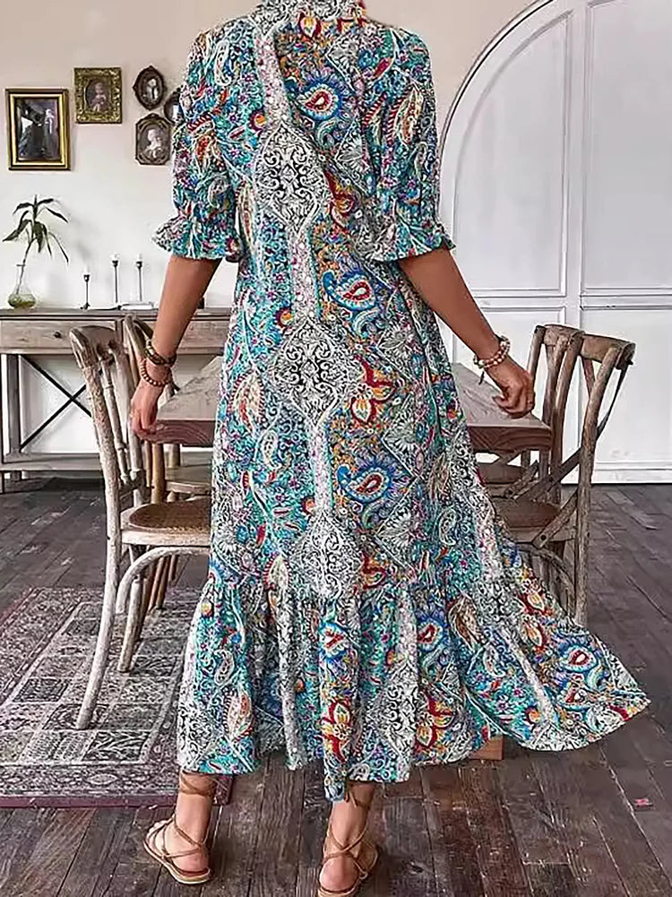 Carolette Boho Drawstring Neck Maxi Dress - Elena Harper
