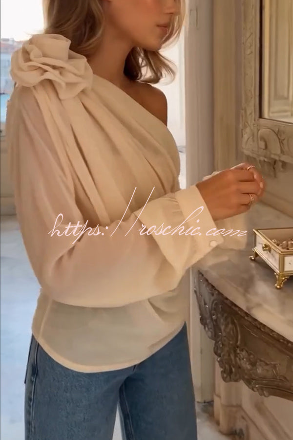 Nayla Chiffon 3D Floral One Shoulder Long Balloon Sleeve Drape Blouse