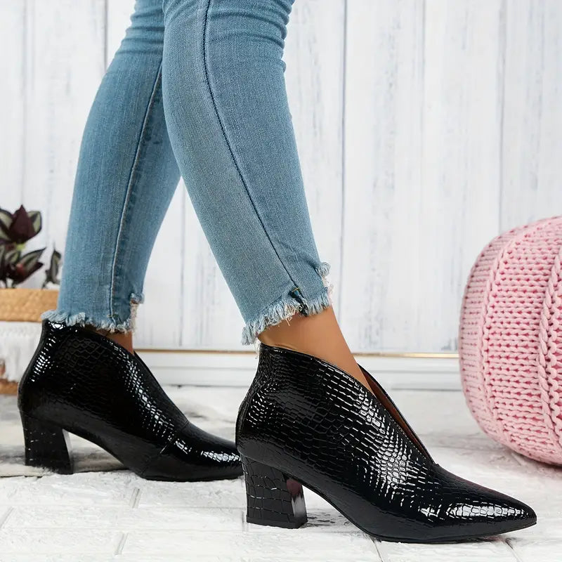 Women's Textured Ankle Boots with Curved Cut and Mid Block Heel - Elena Harper