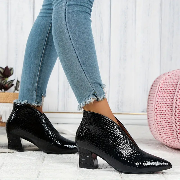 Women's Textured Ankle Boots with Curved Cut and Mid Block Heel - Elena Harper