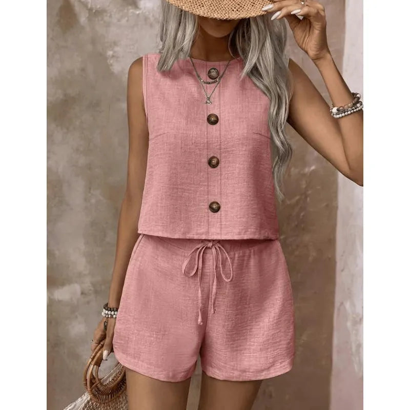 Summer Women's Set with Sleeveless Button Top and Adjustable Shorts