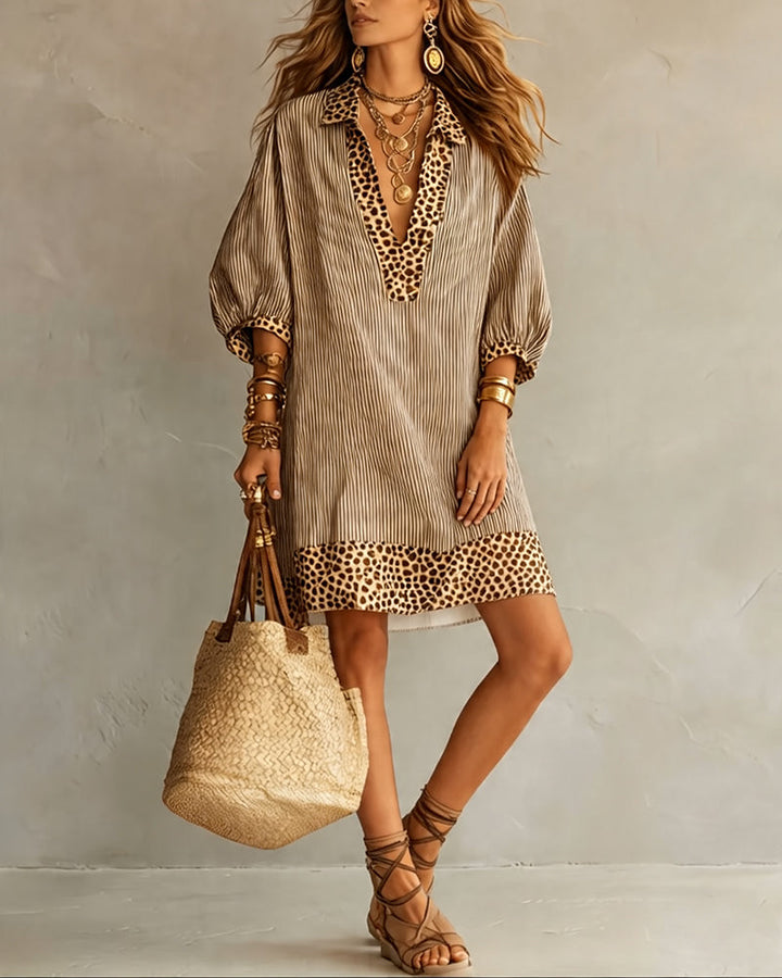 Panel dress with leopard print and puff sleeves, striped shirt