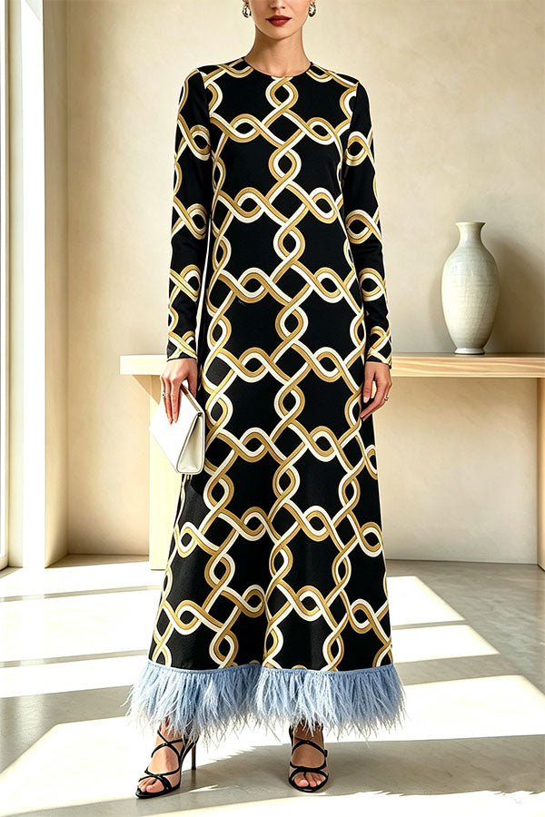 Cecilia Satin Colorful Baroque Style Printed Long Sleeve Feather Trim Maxi Dress (Shipped Within 24 Hours)