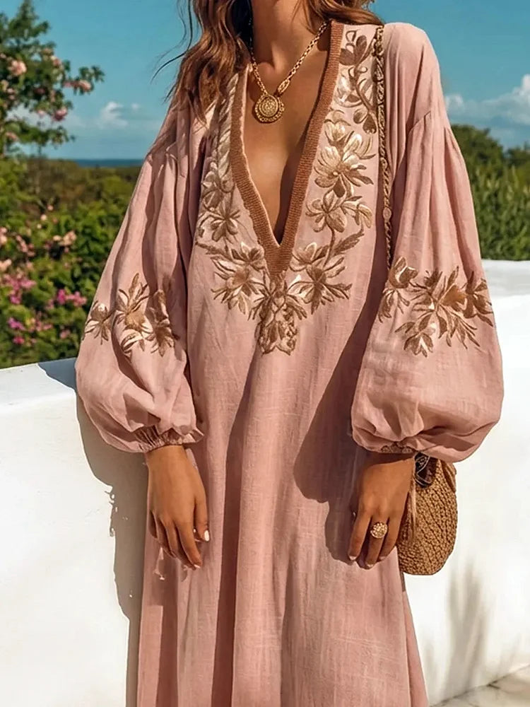 Women's Retro Ethnic Floral Art Casual Long Sleeve Maxi Dress - Elena Harper