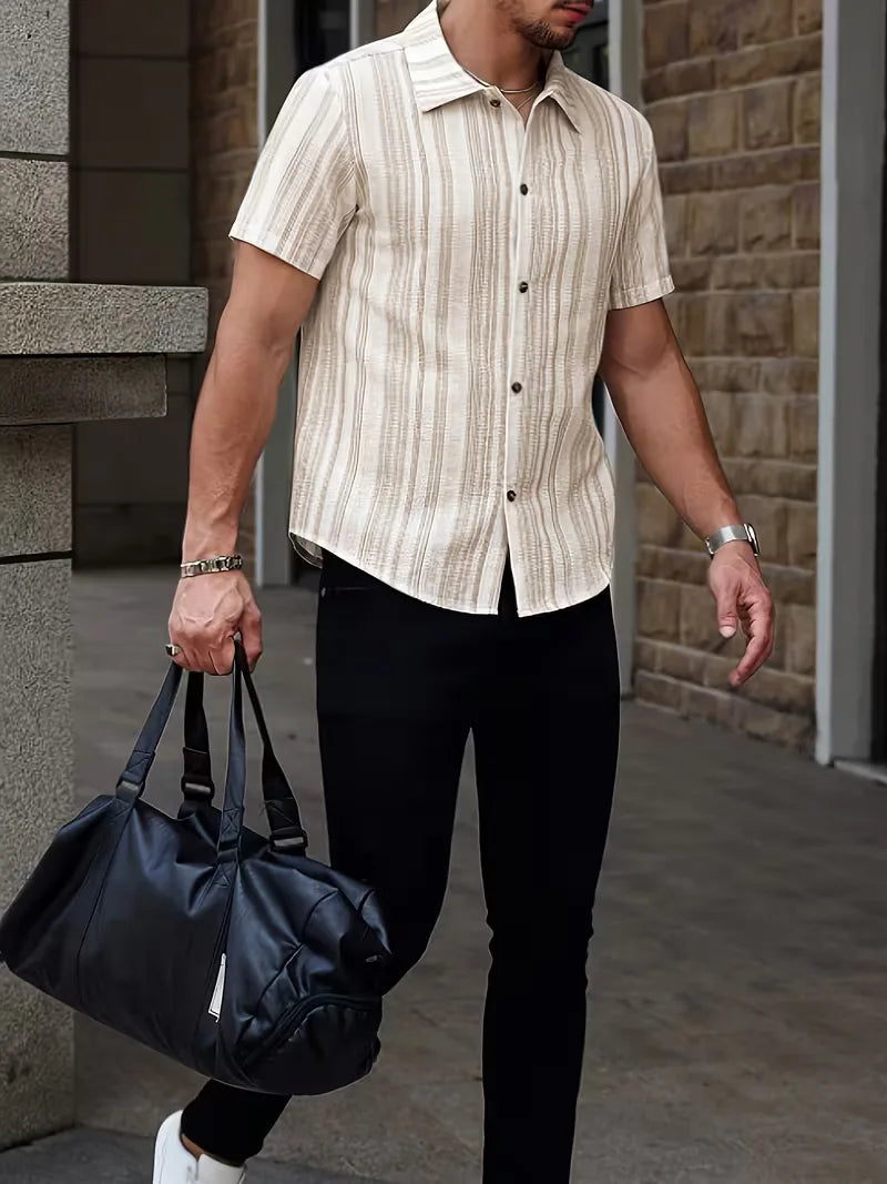 Textured Vertical Stripe Short Sleeve Button Shirt For Men