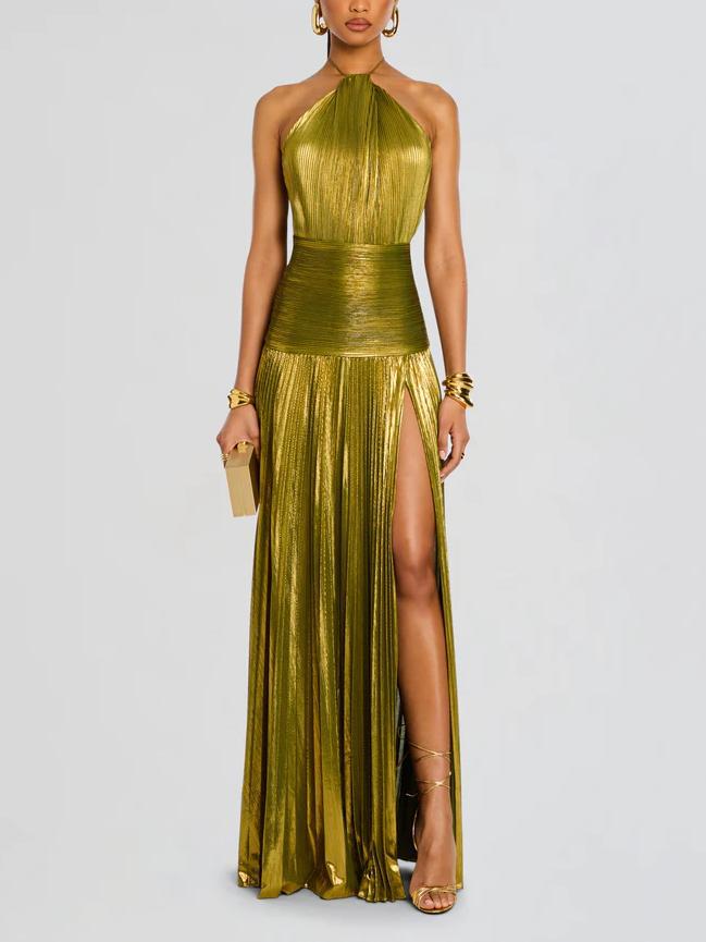 Fashion Metallic Pleated Halter Dress - Elena Harper