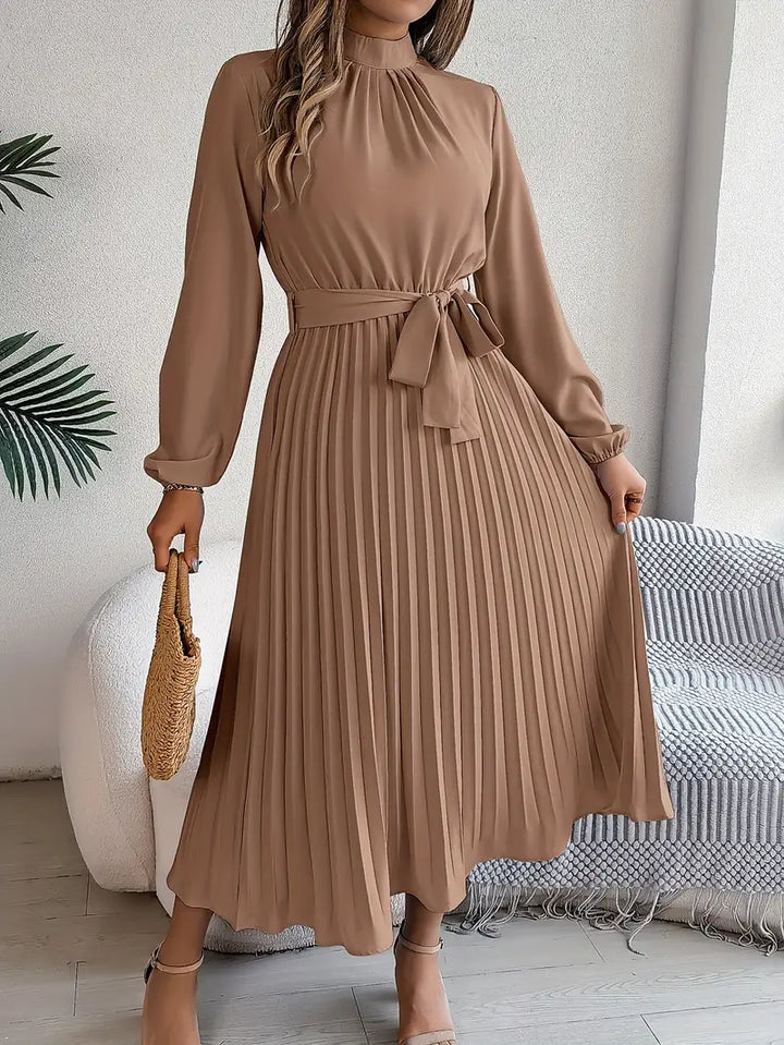 Women's Elegant Long-Sleeve Belted Midi Dress